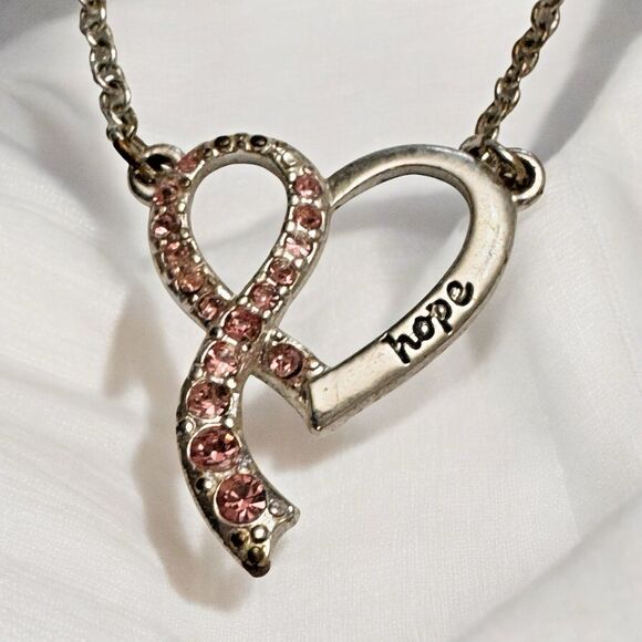 Pink Rhinestone HOPE Ribbon & Heart Necklace – Breast Cancer Awareness Pendant - Picture 1 of 5